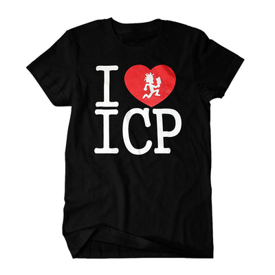 image of a black tee shirt on a white background. front says I heart I C P with a red heart and a white hatchetman inside of the heart. Similar to the I HEART NY logo