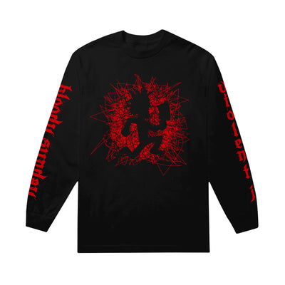 image of a black long sleeve shirt on a white background. front has scibbled red hateman logo. left sleeve says bloody sunday. right sleeve says violent J