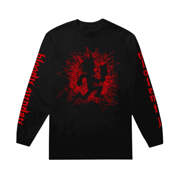 image of a black long sleeve shirt on a white background. front has scibbled red hateman logo. left sleeve says bloody sunday. right sleeve says violent J