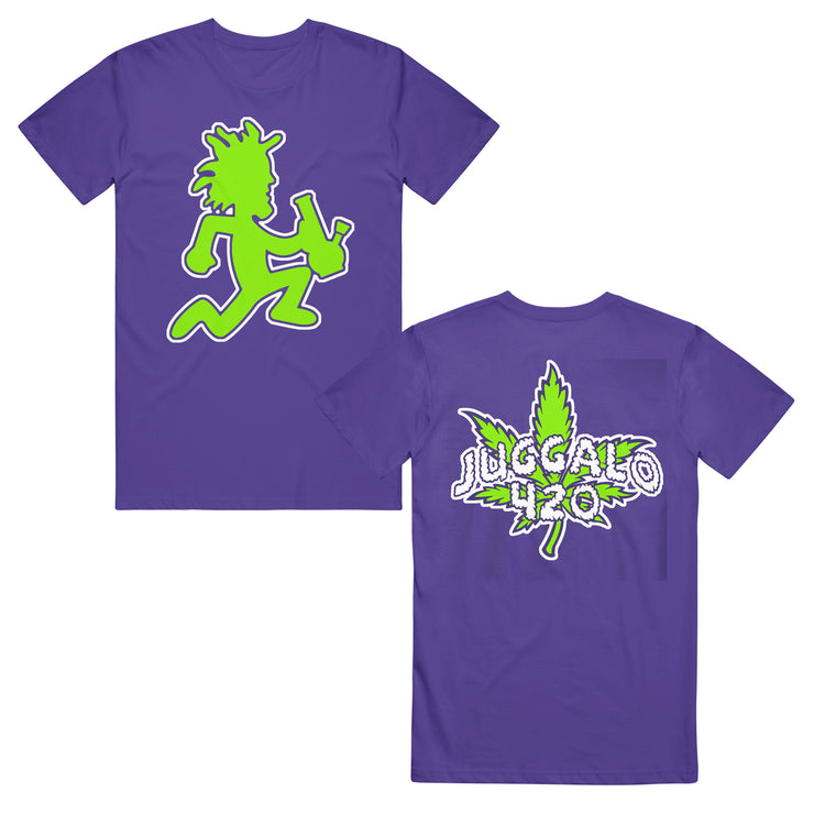 image of the front and back of a purple tee shirt on a white background. front is on the left and has a center chest print in green of the hatchetman logo holding a bong. back is on the right and has a back print of a green pot leaf and the words juggalo 420 in white