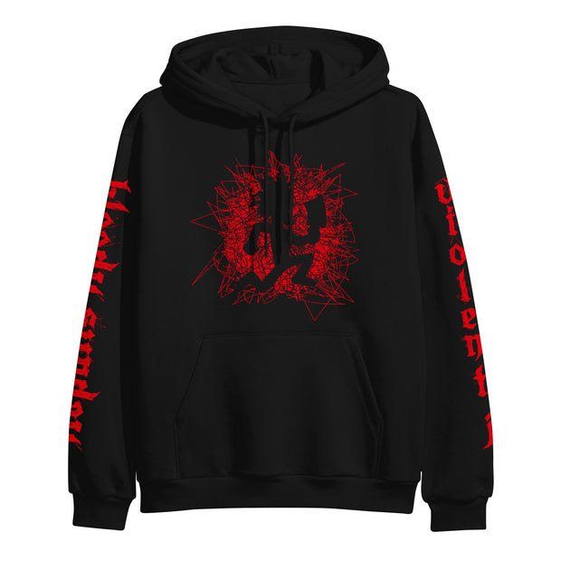 image of a black pullover hoodie on a white background. front has scibbled red hateman logo. left sleeve says bloody sunday. right sleeve says violent J