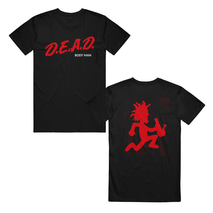 image of the front and back of a black tee shirt on a white background. front is on the left and has a center chest print in red. the art is a spoof on the DARE program with the letters D E A D. the back has a red print of the hatchetman logo holding a bong