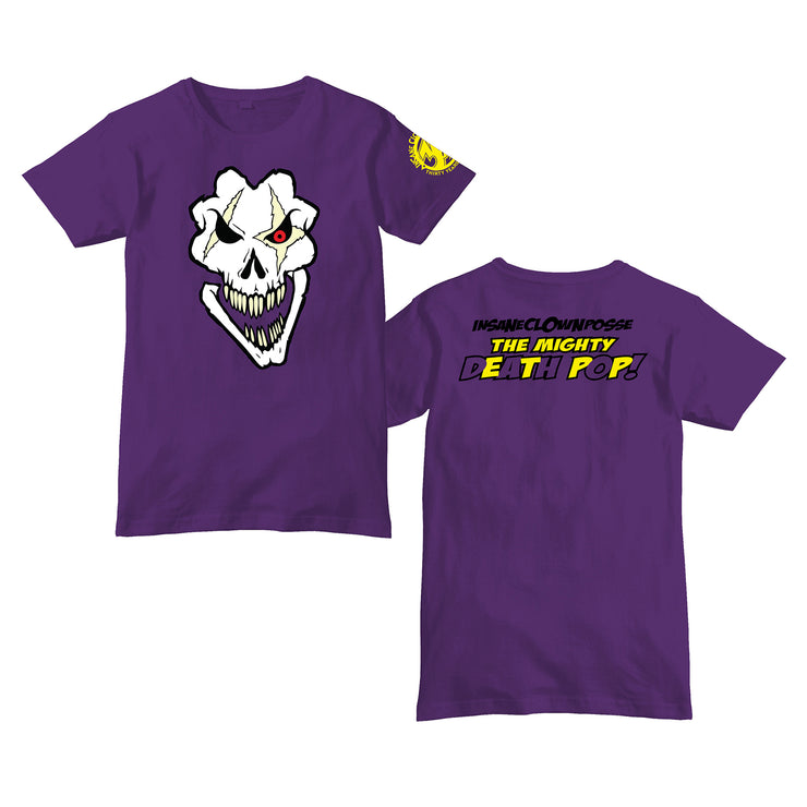 image of the front and back of a purple tee shirt on a white background. front is on the left and has a center chest print in white of a skeleton face. back on the right has center shoulder print that says insane clown posse the mighty death pop!