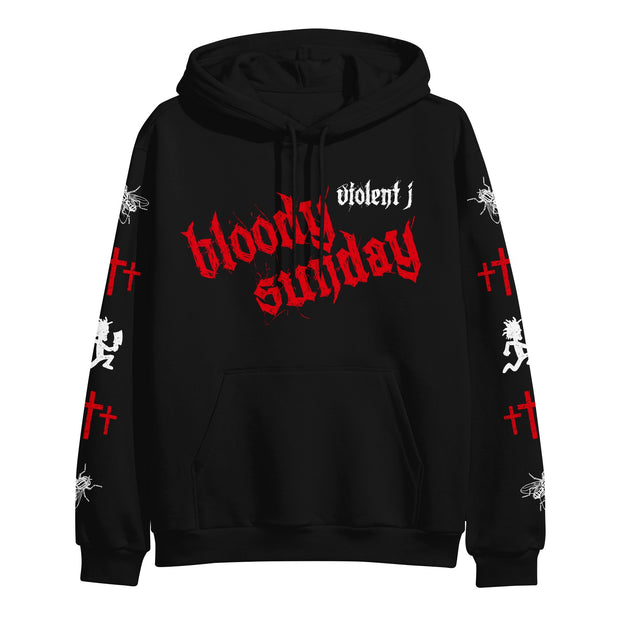 image of a black pullover hoodie on a white background. hoodie has center chest print that says bloody sunday and violent J. each sleeve has prints of flies, three crosses and a hatchetman logo