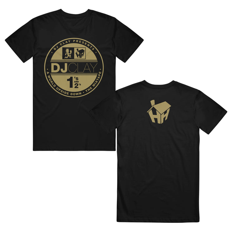 image of the front and back of a black tee shirt on a white background. front is on the left and has a gold circle center print that says D J clay in the middle. the back is on the right and has an image of a house on the top center