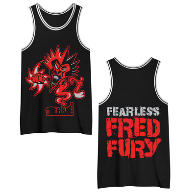 image of the front and back of the Fearless Fred Fury Black - Basketball Jersey. front is on the left and has the logo. the back is on the right and says Fearless Fred Fury Black - Basketball Jersey