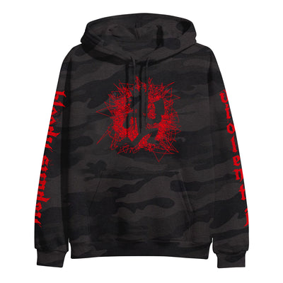 image of a black camo pullover hoodie on a white background. front has scibbled red hateman logo. left sleeve says bloody sunday. right sleeve says violent J