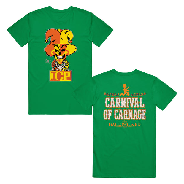 image of the front and back of a green tee shirt on a white background. front on the left has a orange and yellow joker clown head with a chain necklace that says I C P. the back has print that says carnival of carnage hallowicked