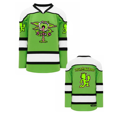image of the front and back of a Yum Yum Open Green/White/Black - Hockey Jersey. front is on the left and has the yum yum logo of a venu fly trap on the front. back is on the right and says insane clown posse across the shoulders and a green hatchetman logo below