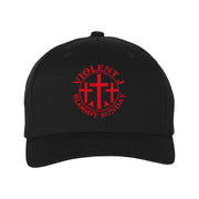 image of the front of a black fkexfit hat on a white background. hat  has three red crosses and says violent J bloody sunday around them. 