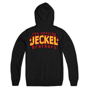 image of the back of a black pullover hoodie on a white background. center print says the amazing jeckel brothers