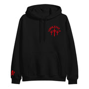 image of the front of a black pullover hoodie on a white background. hoodie has small red print on the right chest that says violet j above three crosses.