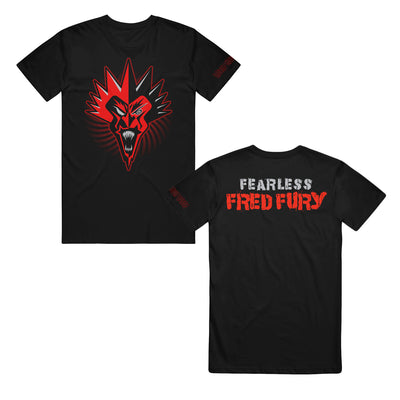 image of the front and back black tee shirt on a white background. front on the left has a red and black fred face and the back on the right has a center shoulder print that says fearless fred fury