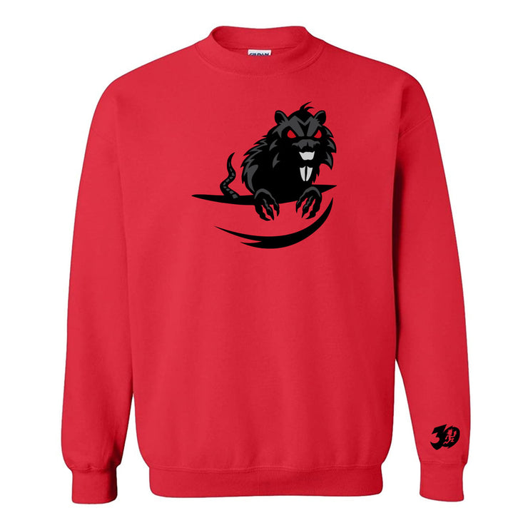 image of the Flip The Rat Red - Crewneck on a white background. front has a black and grey rat