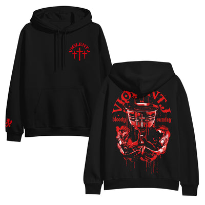 image of the front and back of a black pullover hoodie on a white background. front is on the left and has small red print on the right chest that says violet j above three crosses. back is on the right and says violent j with a blood fulled chalice held by hands