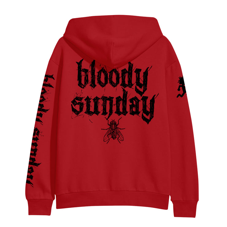 image of the back of a red zip up hoodie on a white background. hoodie has back print in black that says bloody sunday