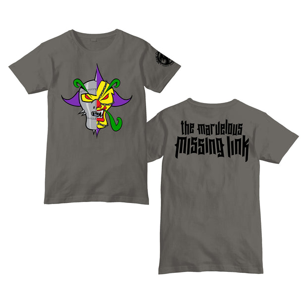 image of the front and back of a charcoal tee shirt on a white background. front is on the left and has a half face in an iron mask and one evil clown. the back has black print across the shoulders that says the marvelous missing link