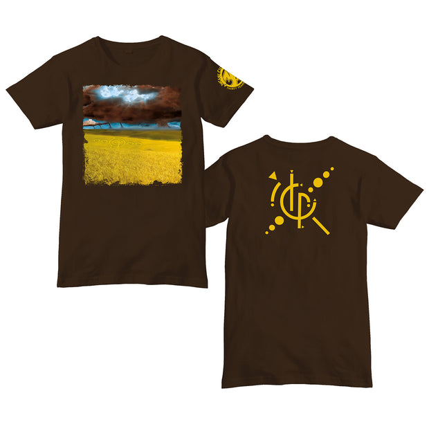 image of the front and back of a brown tee shirt on a white background. front has center point of a storm cloud over field. the back has a the calm album cover symbol in yellow