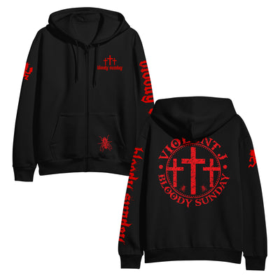 image of the front and back of a black zip up hoodie on a white background. front is on the left and has a small right chest print in red of three crosses and says bloody sunday. red hatchetman logo on the left sleeve and bloody sunday down the right sleeve. back of hoodie says violent j, bloody sunday around three crosses