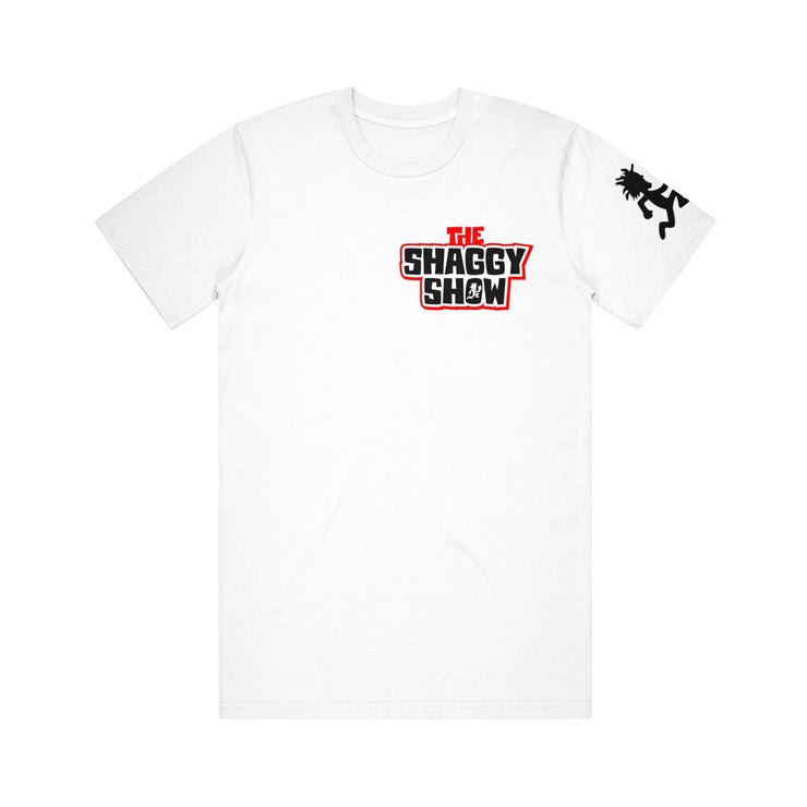 image of the front of a white tee shirt on a white background. tee has a small right chest print that says the shaggy show. hatchetman logo in black on the right sleeve