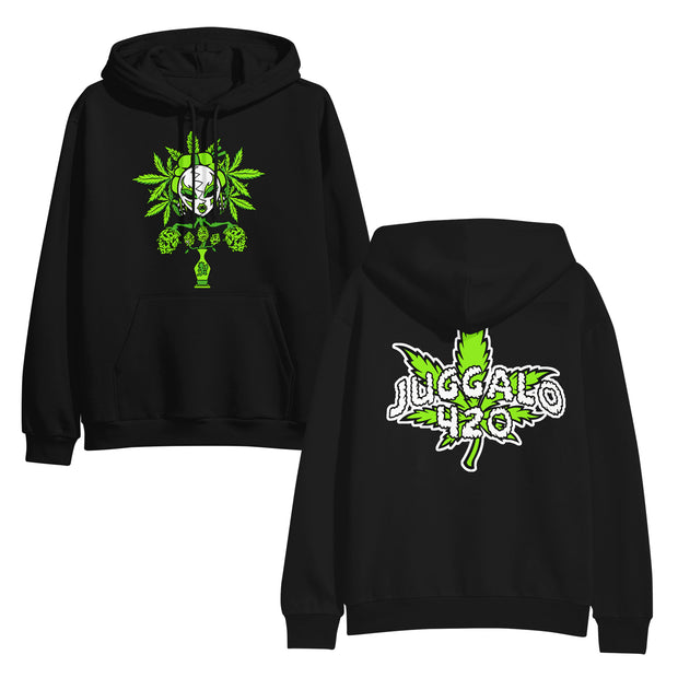 image of the front and back of a black pullover hoodie on a white background. front is on the left and has the yum yum logo of a head in a vase with pot leaves. the back is on the right and has a pot leaf in green and says juggalo 420 over it in white