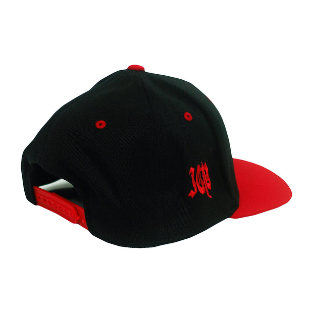 image of the right side and back of a black snapback hat with a red bill. the right side says I C P