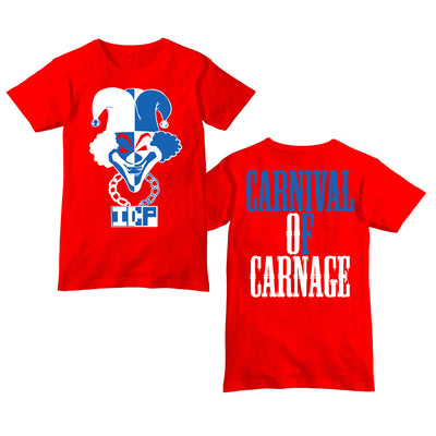 image of the front and back of a red tee shirt on a white background. front on the left has a blue and white image of a clown joker face with a chain necklace that says I C P. the back has full body print in blue and white that says Carnival Of Carnage