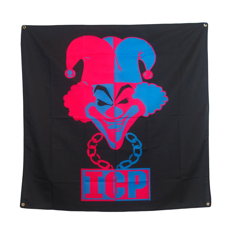 image of a black wall flag with the carnival of carnage logo and I C P  