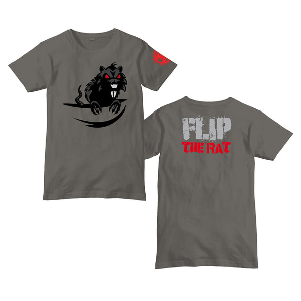 image of the front and back of a charcoal tee shirt on a white background. front on the left has a center print of a black rat. back has top center print that says flip the rat