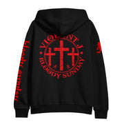 image of the back of a black hoodie on a white background. back of hoodie has red print that says violent j, bloody sunday around three crosses