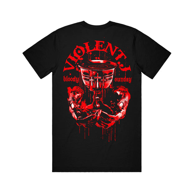 image of the back of a black tee shirt on a white background. back of tee says violent j with a blood fulled chalice held by hands