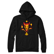 image of the front of a black pullover hoodie on a white background. front has center print of a jekel brother juggaling flames