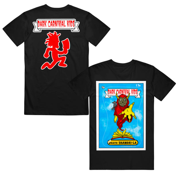 image of the front anc back of a black tee shirt on a white background. front is a play on a garbage pail kids card for the shangri-la album. back says dark carnival kids with a red hatchetman logo