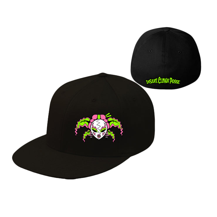 image of the front and back of a black flexfit hat on a white background. front is on the left and has a female doll face with green and pink hair. the back has green embroidery at the bottom that says insane clown posse