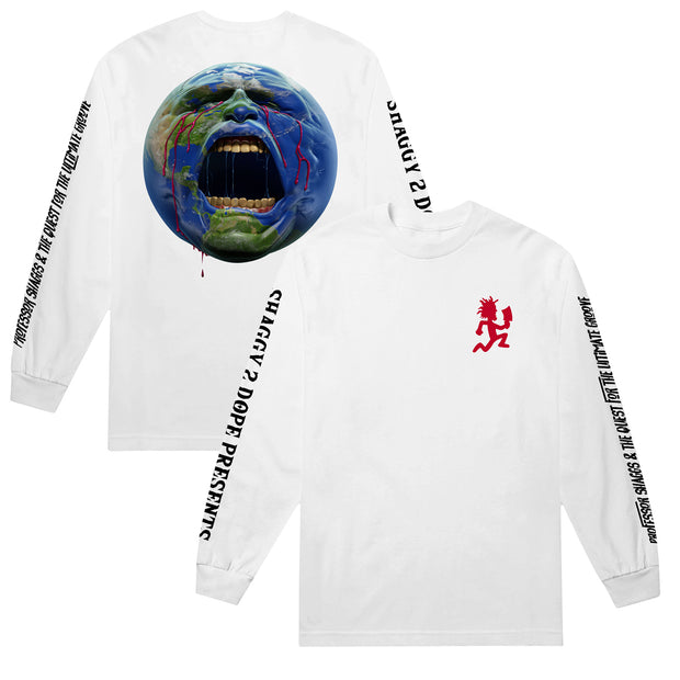 image of the front and back of a white long sleeve tee shirt on a white background. back is on the left and has a print of a globe with a face and mouth wide open. the front is on the right and has a small red hatchetman logo on the right chest. each sleeve has black prints