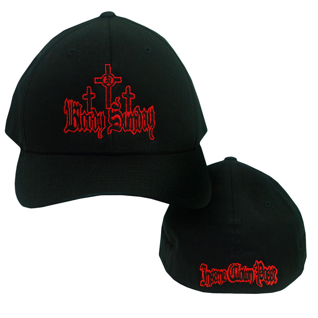 image of the front and back of a black flexfit hat on a white background. front is on the left and has red embroidery of three crosses above the words Bloody Sunday. the back is on the right and has red embroidery along the center bottom that says Insane Clown Posse