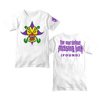 image of the front and back of a white tee shirt on a white background. the front on the left has a center print of a evil clown face. the back has top center print in purple that says the marvelous missing link (FOUND)