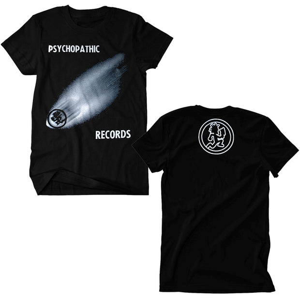 image of the front and back of a black tee shirt on a white background. front is on the left and has a full body print of a descending comet. at the top says psychopathic and the bottom says records. the back is on the right and has a white hatchetman logo in the center of the shoulders