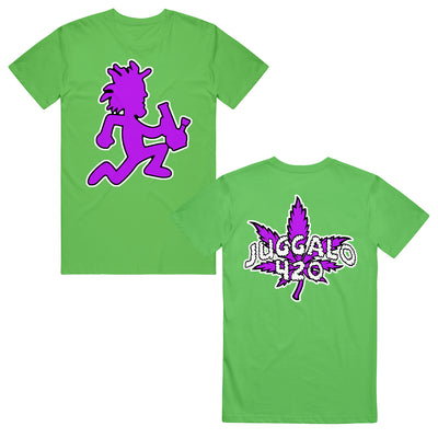 image of the front and back of a green tee shirt on a white background. front is on the left and has a center chest print in purple of the hatchetman logo holding a bong. back is on the right and has a back print of a purple pot leaf and the words juggalo 420 in white