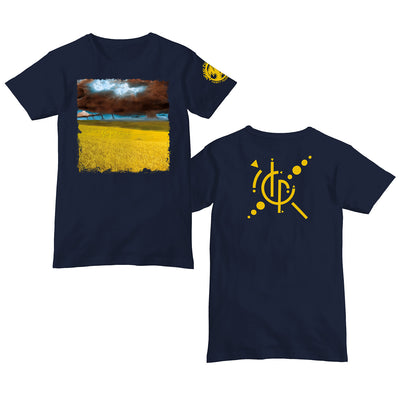 image of the front and back of a navy tee shirt on a white background. front has center point of a storm cloud over field. the back has a the calm album cover symbol in yellow