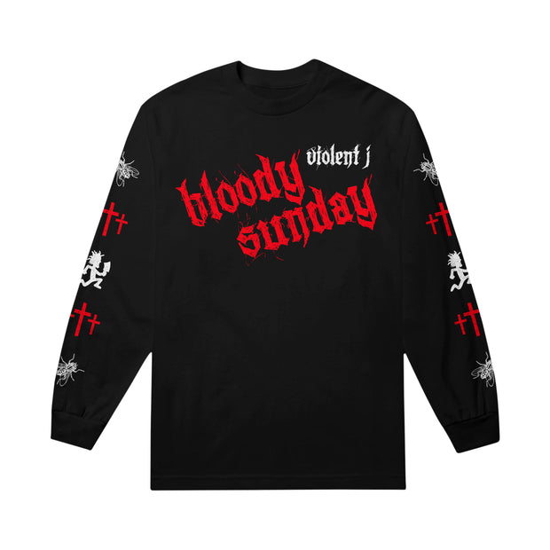 image of a black long sleeve shirt on a white background. hoodie has center chest print that says bloody sunday and violent J. each sleeve has prints of flies, three crosses and a hatchetman logo