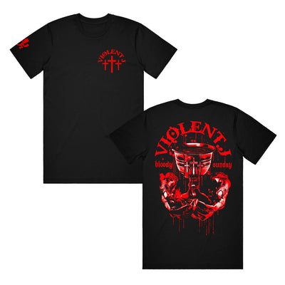 image of the front and back of a black tee shirt0 on a white background. front is on the left and has small red print on the right chest that says violet j above three crosses. back is on the right and says violent j with a blood fulled chalice held by hands