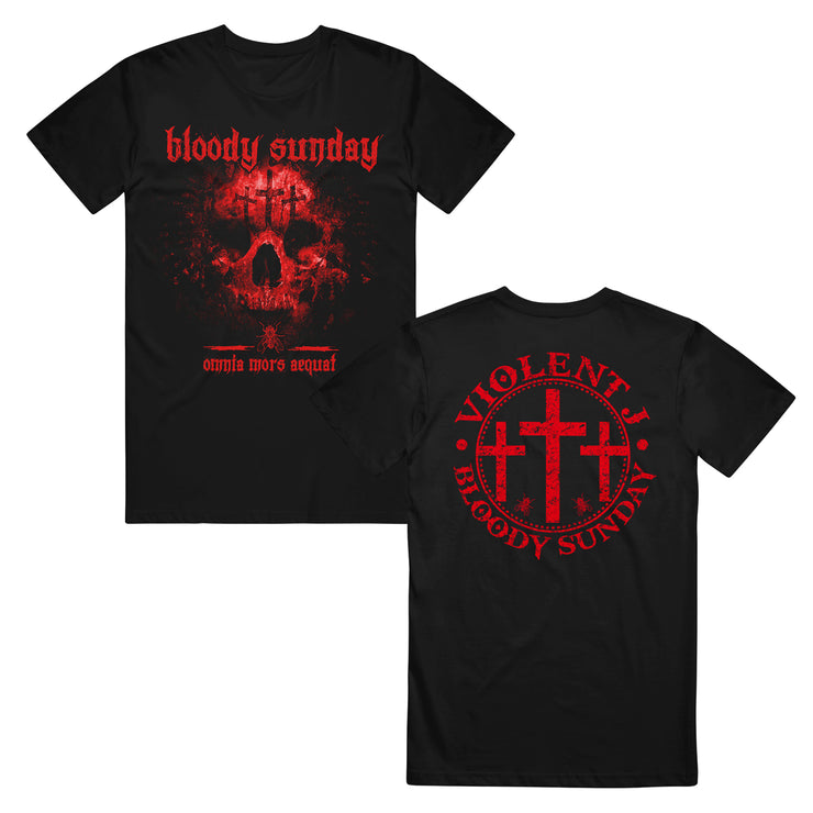 image of the front and back of a black tee shirt on a white background. front of tee is on the left and says bloody sunday. there is a red skull with three crosses on the forehead. back of the tee is on the right and has three red crosses. around the crosses says violent j bloody sunday