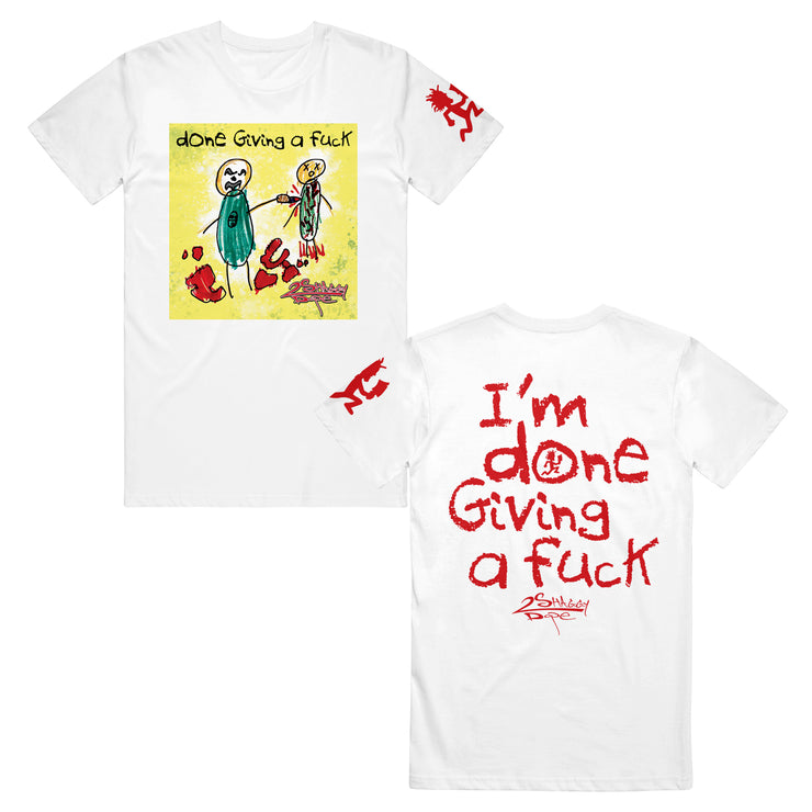 image of the front and back of a white tee shirt on a white background. front is on the left and has a yellow square with two primative hand drawn people with one stabbing another and blood everywhere. at the top says done giving a fuck. that back is on the right and has red text that says i'm done giving a fuck, shaggy 2 dope