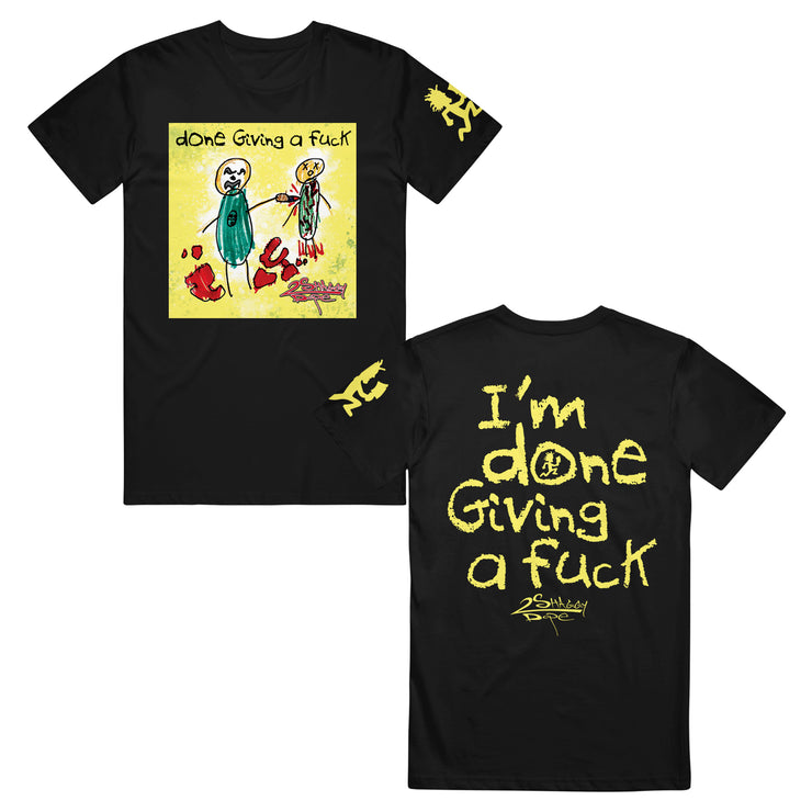 image of the front and back of a black tee shirt on a white background. front is on the left and has a yellow square with two primative hand drawn people with one stabbing another and blood everywhere. at the top says done giving a fuck. that back is on the right and has yellow text that says i'm done giving a fuck, shaggy 2 dope