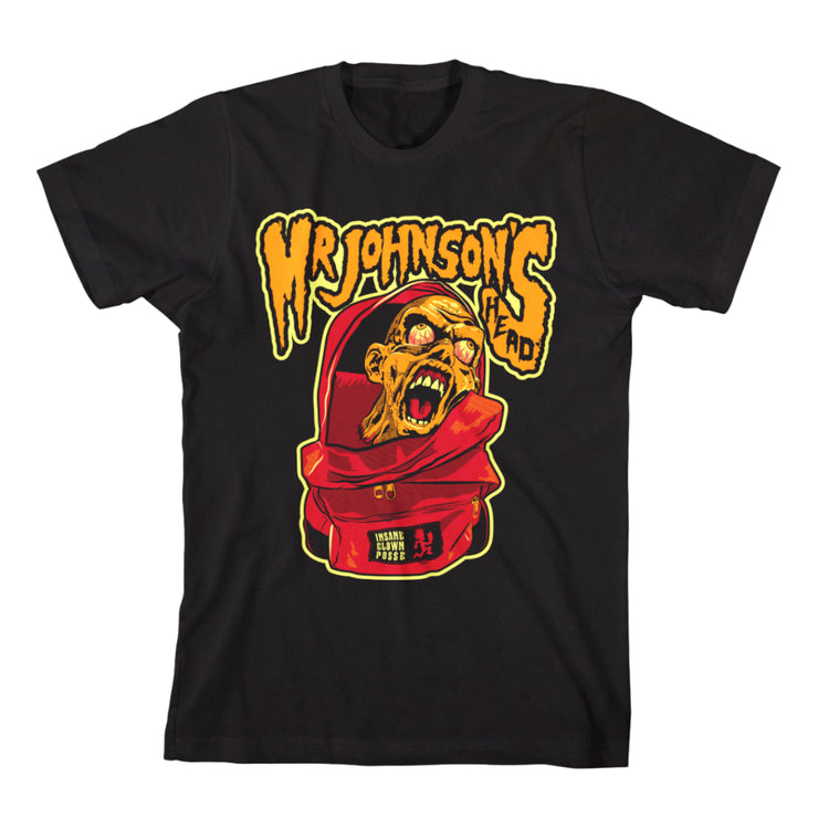 image of the front of a black tee shirt on a white background. tee has full body print of a zombie head in a red back pack. at the top says Mr. Johnson's Head 