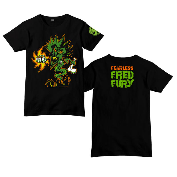 image of the front and back of a black tee shirt on a white background. front on the left has full body print of a green spikey hair clown ghost above a house with his fist out and holding a bone. the back on the right says fearless fred fury