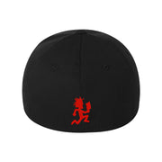 image of the back of a black flexfit hat on a white background. back of hat has a small red hatchetman logo on the bottom center