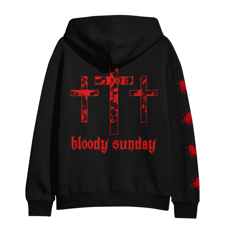 image of the back hoodie on a white background. hoodie has full print of three red crosses and says bloody sunday.