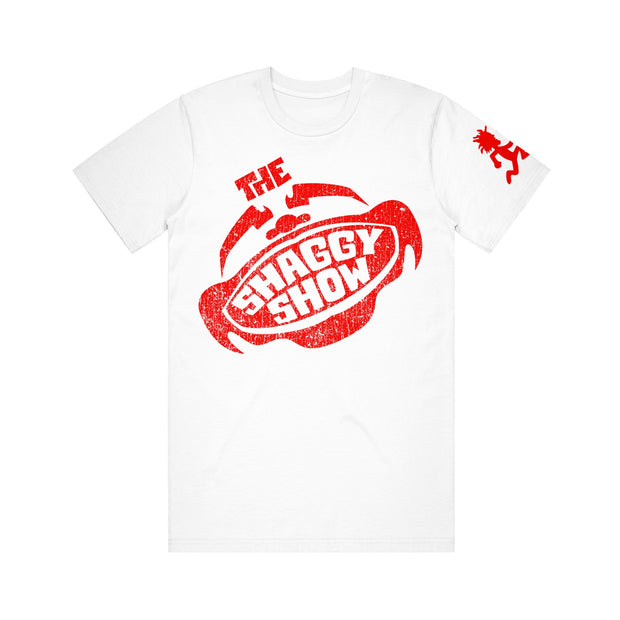 image of a white tee shirt on a white background. tee has center chest print in red of shaggy's face and mouth open and says the shaggy show. red hatchetman logo on the right sleeve